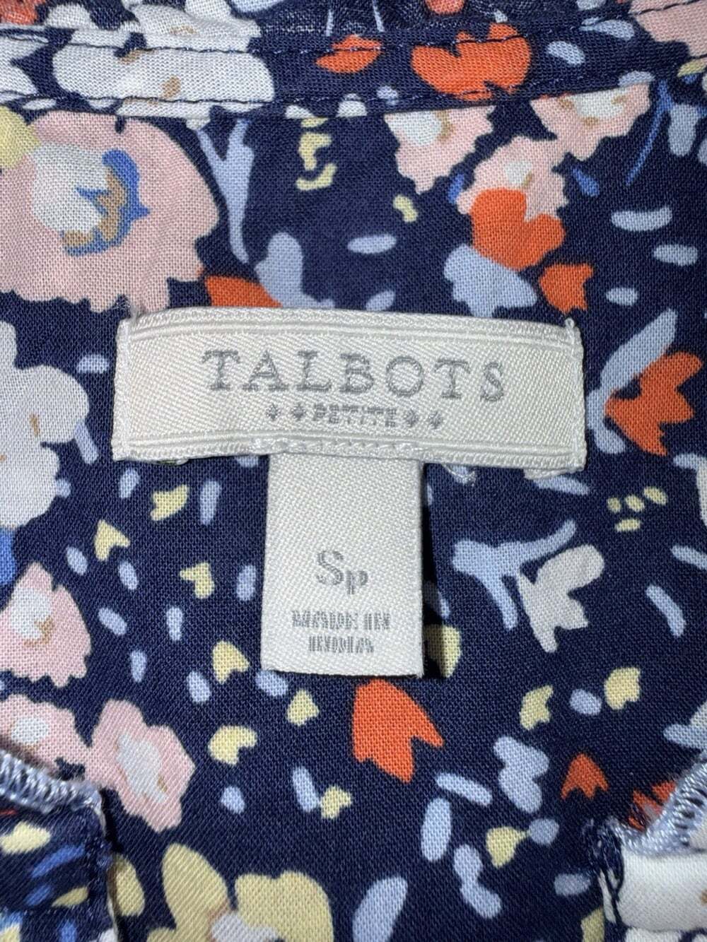 Talbots Petites Ruffle Trim Top Size SP Navy Floral Print Smocked Half Sleeves - Picture 5 of 11